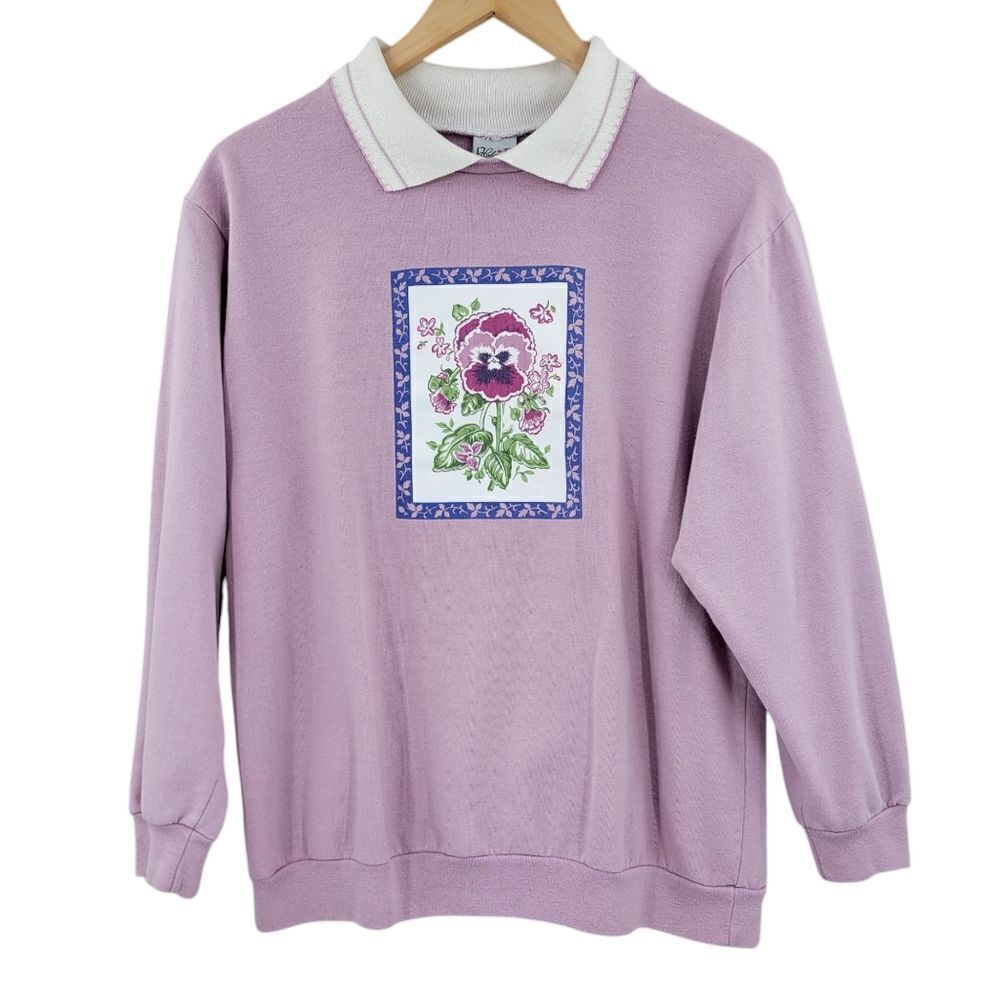 Haband Vintage Grandmacore Lavender Crewneck Sweater with Floral Patch